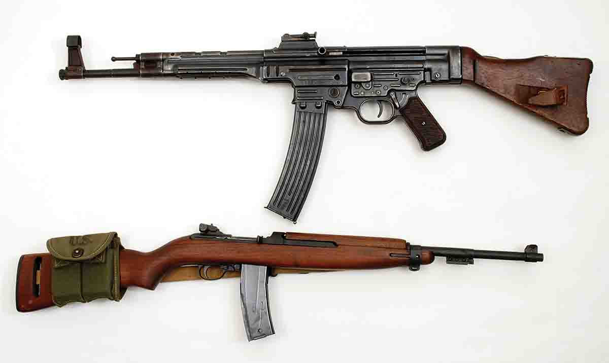 For comparison, an MP44 Sturmgewehr is shown with an American M2 .30 Carbine. Both have 30-round magazines. The MP44 weighs 11 pounds unloaded.